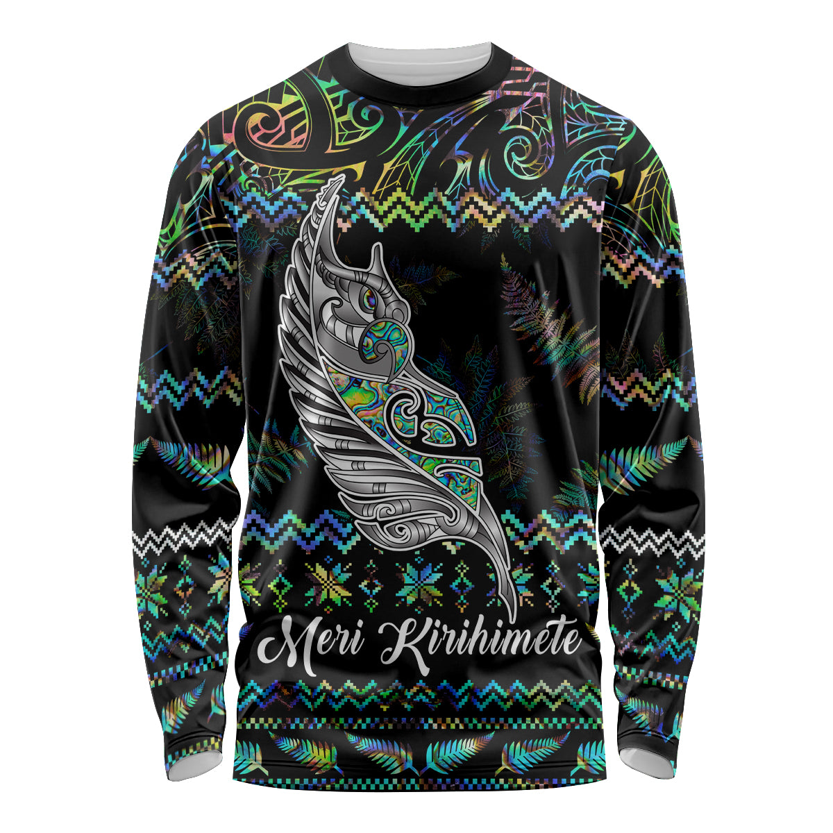 Personalised New Zealand Christmas Long Sleeve Shirt Maori Fern Manaia Meri Kirihimete with Papaua Shell - Wonder Print Shop