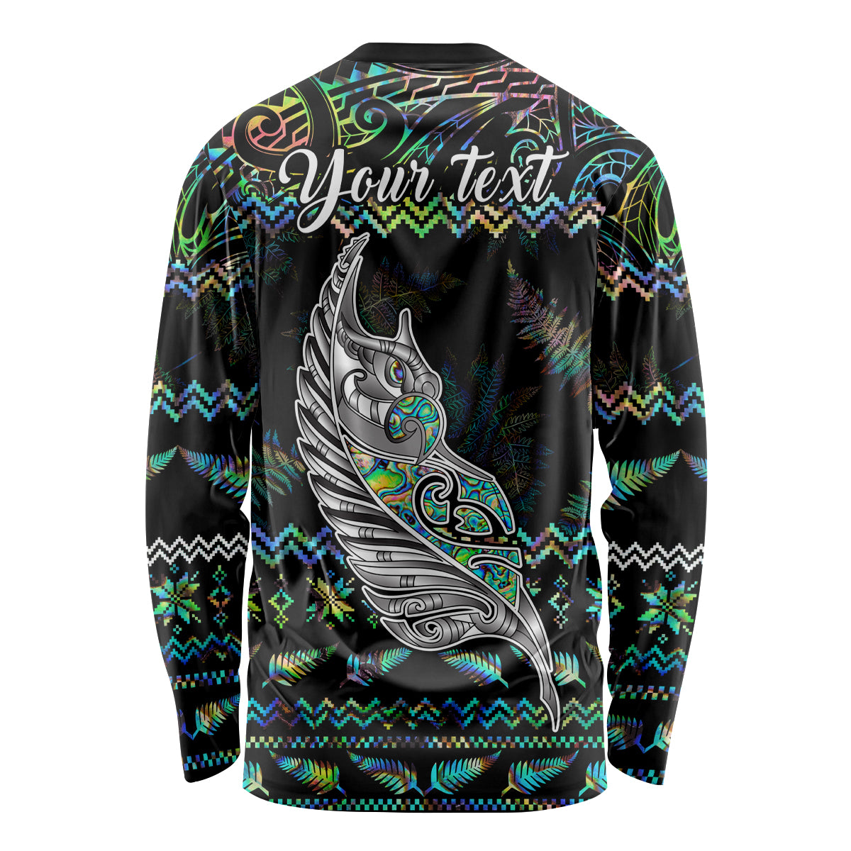 Personalised New Zealand Christmas Long Sleeve Shirt Maori Fern Manaia Meri Kirihimete with Papaua Shell - Wonder Print Shop