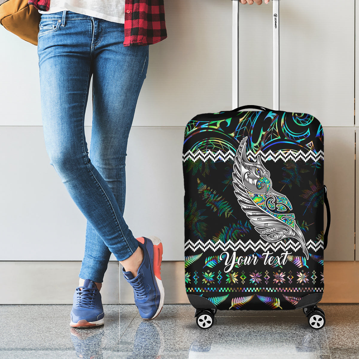 Personalised New Zealand Christmas Luggage Cover Maori Fern Manaia Meri Kirihimete with Papaua Shell - Wonder Print Shop