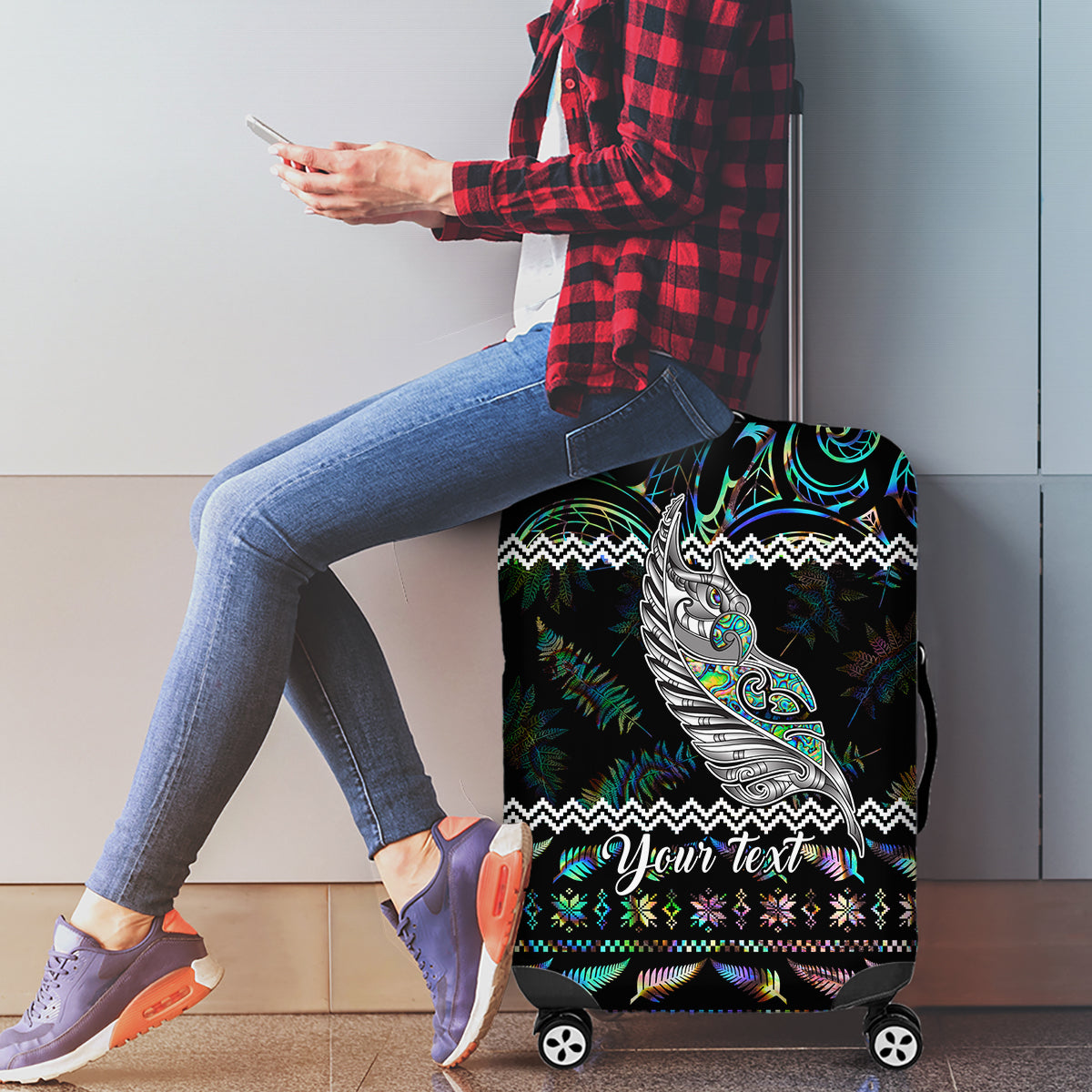 Personalised New Zealand Christmas Luggage Cover Maori Fern Manaia Meri Kirihimete with Papaua Shell - Wonder Print Shop