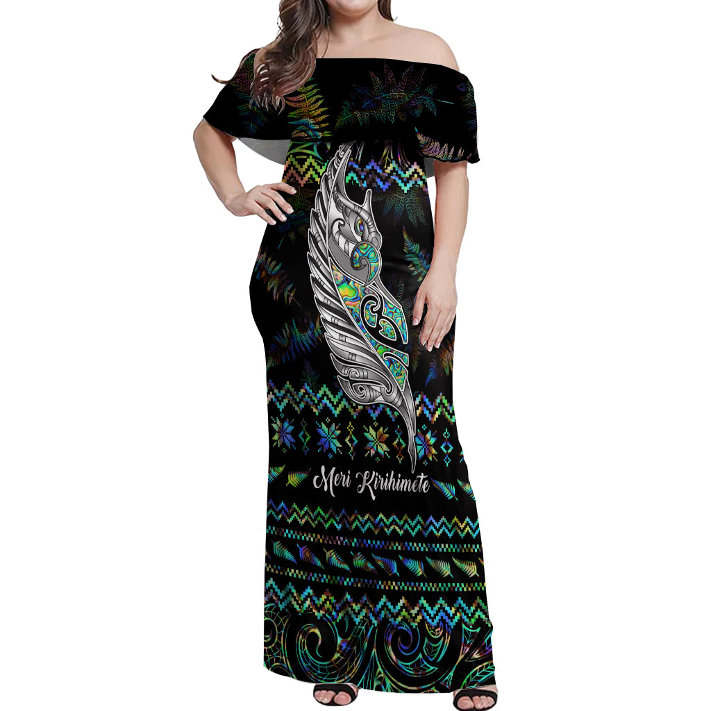 Personalised New Zealand Christmas Off Shoulder Maxi Dress Maori Fern Manaia Meri Kirihimete with Papaua Shell - Wonder Print Shop