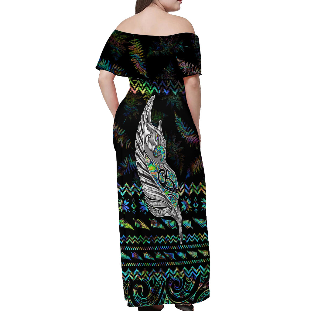 Personalised New Zealand Christmas Off Shoulder Maxi Dress Maori Fern Manaia Meri Kirihimete with Papaua Shell - Wonder Print Shop
