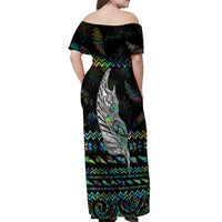 Personalised New Zealand Christmas Off Shoulder Maxi Dress Maori Fern Manaia Meri Kirihimete with Papaua Shell - Wonder Print Shop