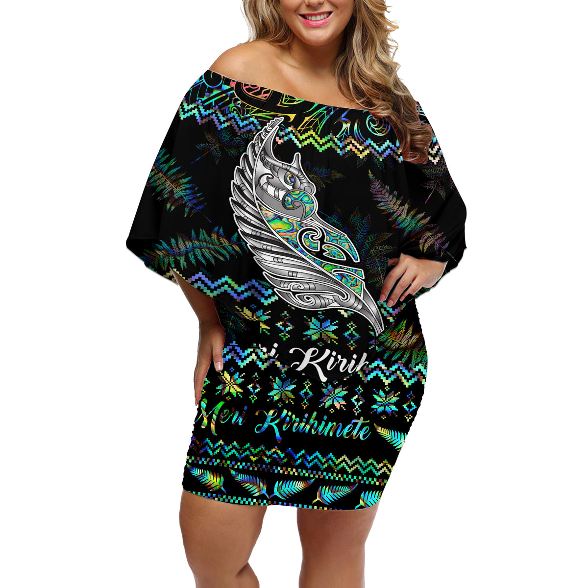 Personalised New Zealand Christmas Off Shoulder Short Dress Maori Fern Manaia Meri Kirihimete with Papaua Shell - Wonder Print Shop