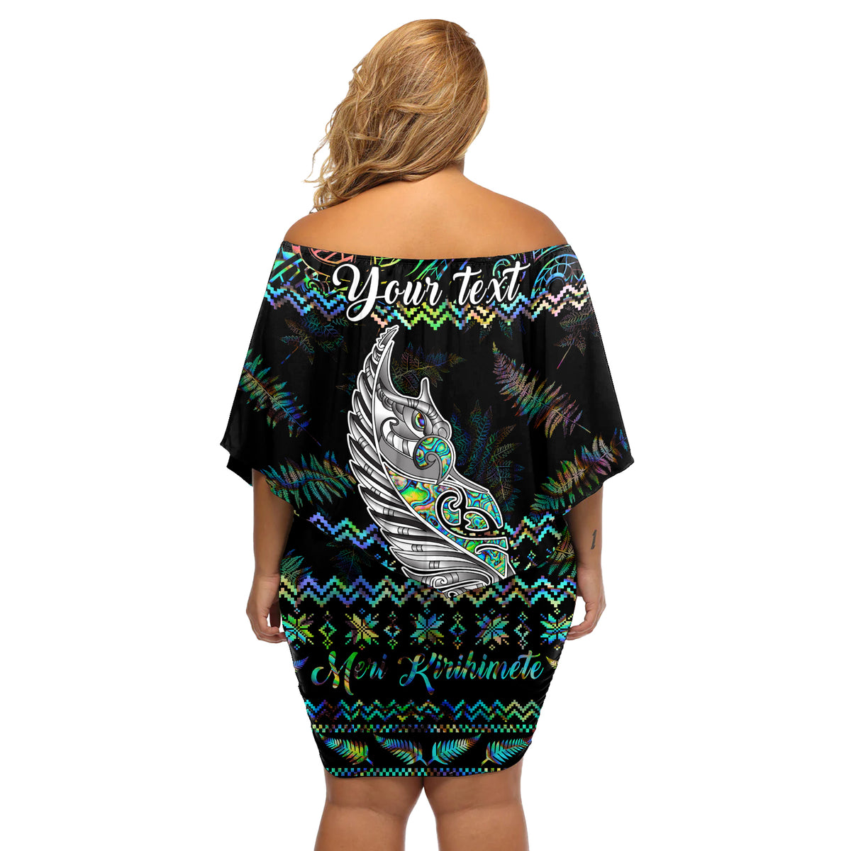 Personalised New Zealand Christmas Off Shoulder Short Dress Maori Fern Manaia Meri Kirihimete with Papaua Shell - Wonder Print Shop