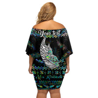 Personalised New Zealand Christmas Off Shoulder Short Dress Maori Fern Manaia Meri Kirihimete with Papaua Shell - Wonder Print Shop