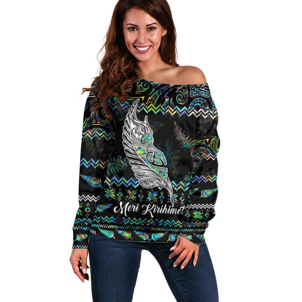 Personalised New Zealand Christmas Off Shoulder Sweater Maori Fern Manaia Meri Kirihimete with Papaua Shell - Wonder Print Shop