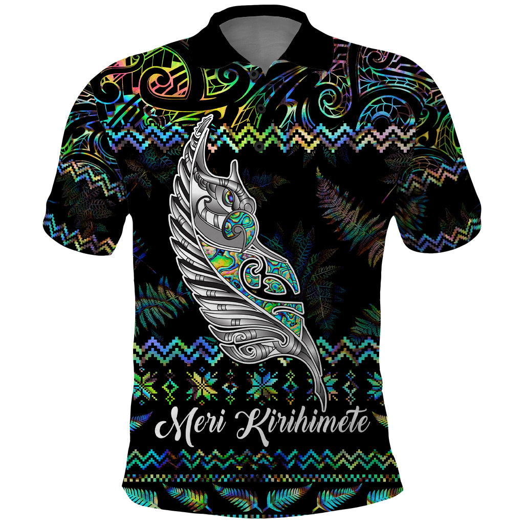 Personalised New Zealand Christmas Polo Shirt Maori Fern Manaia Meri Kirihimete with Papaua Shell - Wonder Print Shop