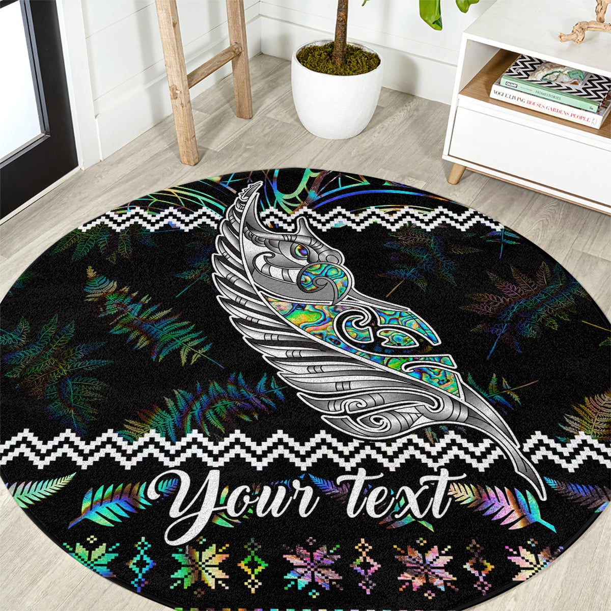 personalised-new-zealand-christmas-round-carpet-maori-fern-manaia-meri-kirihimete-with-papaua-shell