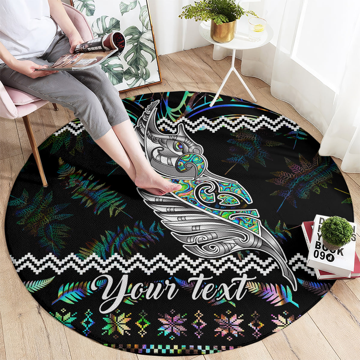 personalised-new-zealand-christmas-round-carpet-maori-fern-manaia-meri-kirihimete-with-papaua-shell