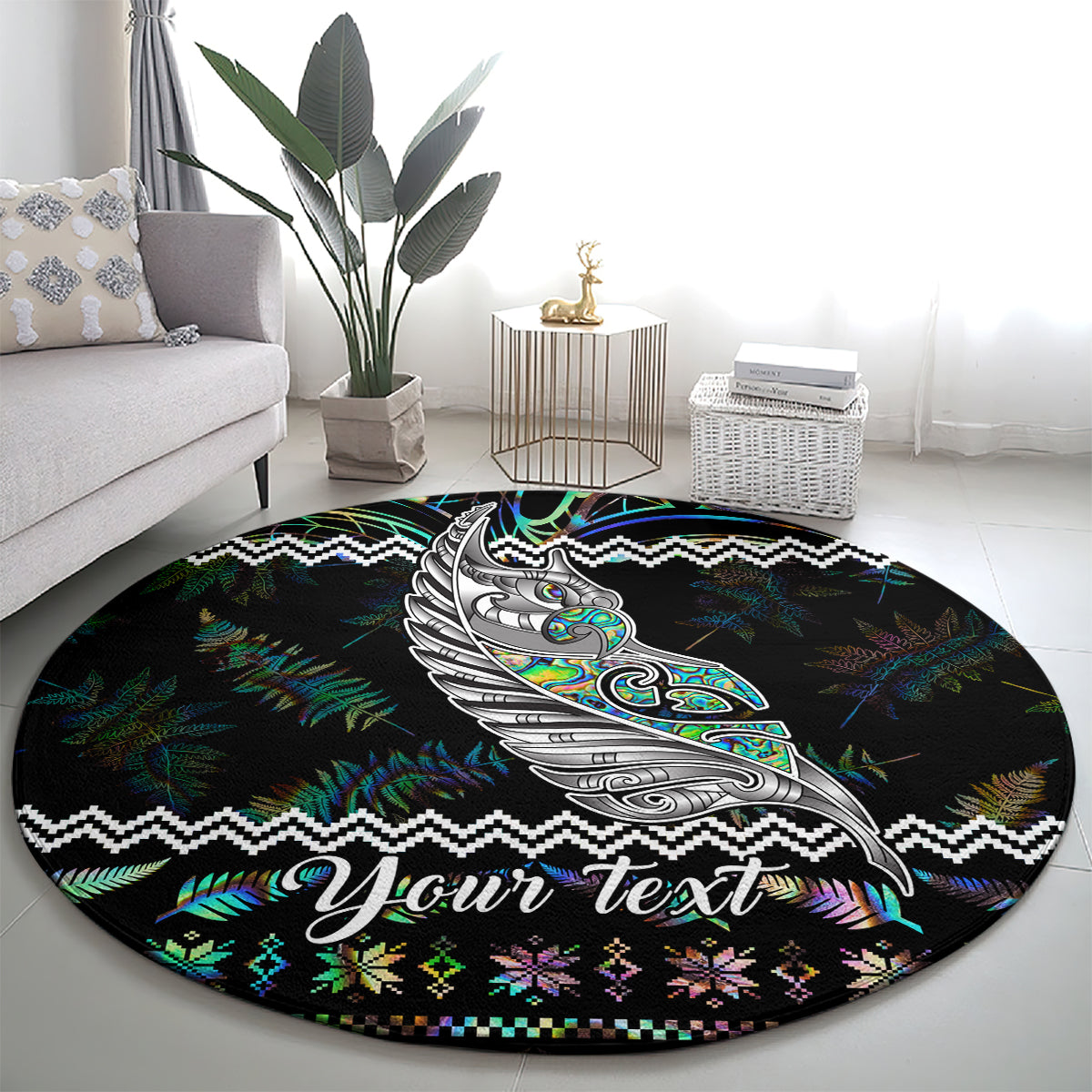 personalised-new-zealand-christmas-round-carpet-maori-fern-manaia-meri-kirihimete-with-papaua-shell
