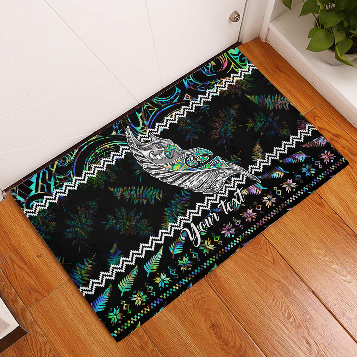 Personalised New Zealand Christmas Rubber Doormat Maori Fern Manaia Meri Kirihimete with Papaua Shell - Wonder Print Shop