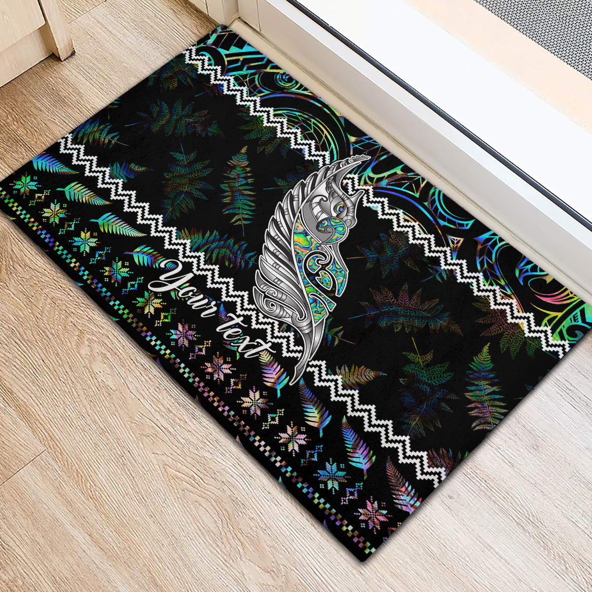 Personalised New Zealand Christmas Rubber Doormat Maori Fern Manaia Meri Kirihimete with Papaua Shell - Wonder Print Shop
