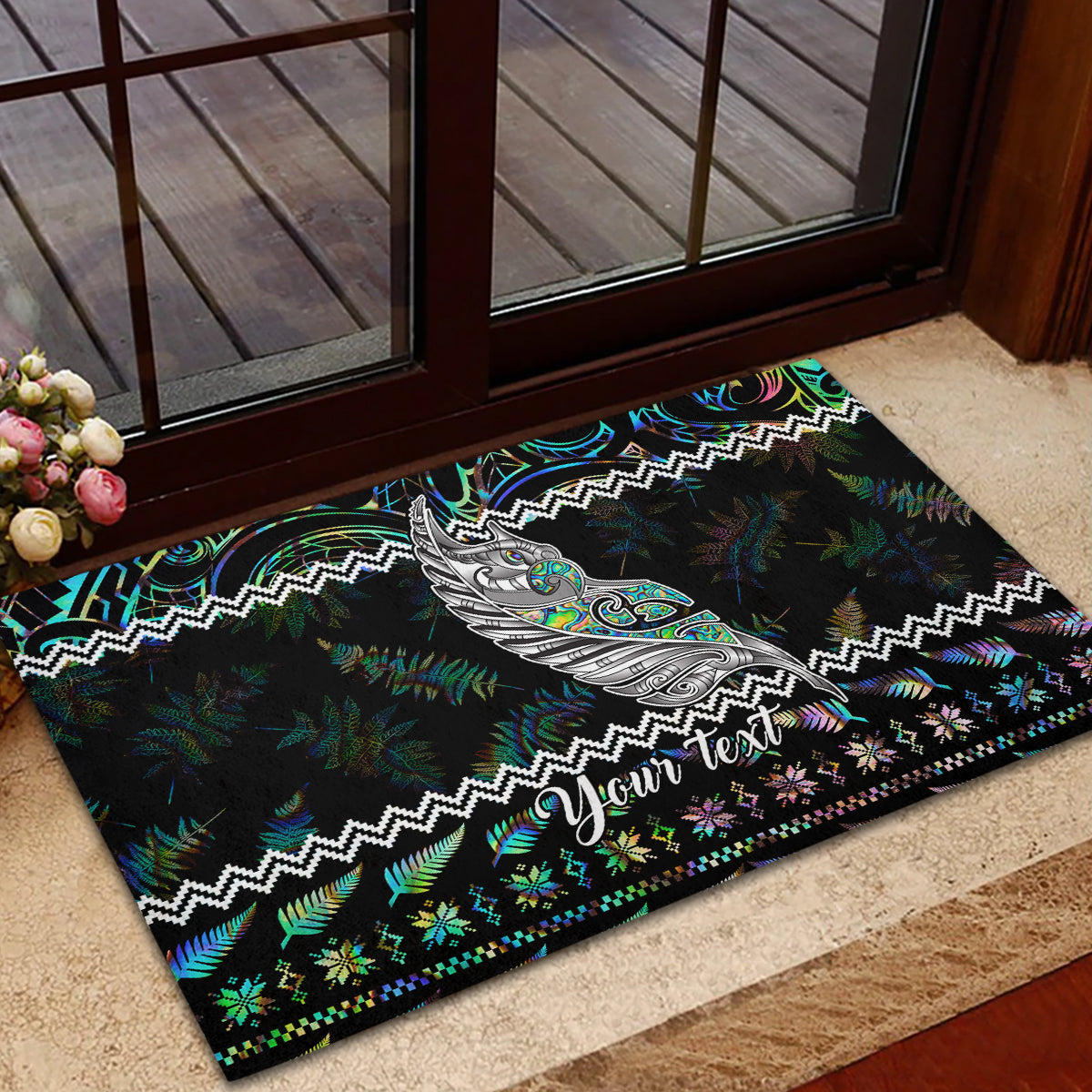 Personalised New Zealand Christmas Rubber Doormat Maori Fern Manaia Meri Kirihimete with Papaua Shell - Wonder Print Shop