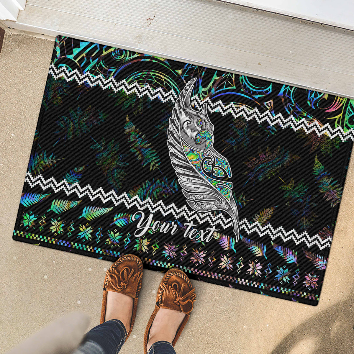 Personalised New Zealand Christmas Rubber Doormat Maori Fern Manaia Meri Kirihimete with Papaua Shell - Wonder Print Shop