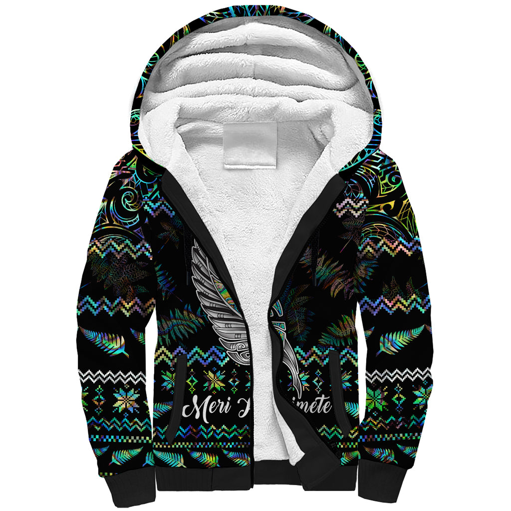 Personalised New Zealand Christmas Sherpa Hoodie Maori Fern Manaia Meri Kirihimete with Papaua Shell - Wonder Print Shop