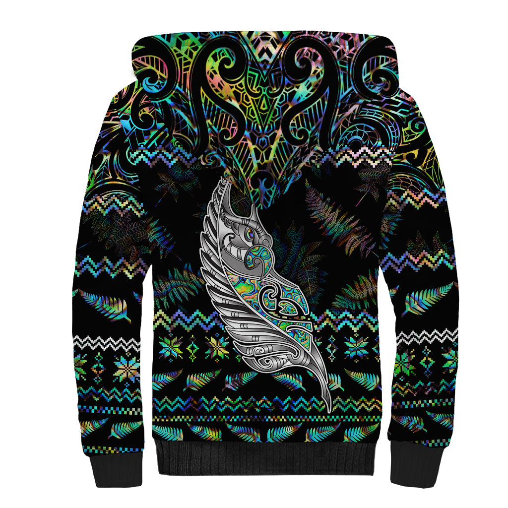 Personalised New Zealand Christmas Sherpa Hoodie Maori Fern Manaia Meri Kirihimete with Papaua Shell - Wonder Print Shop
