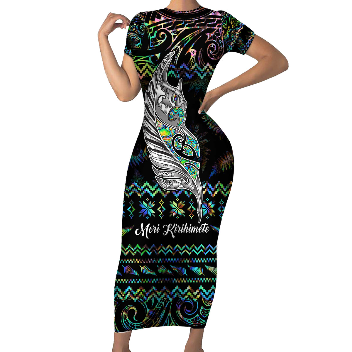 Personalised New Zealand Christmas Short Sleeve Bodycon Dress Maori Fern Manaia Meri Kirihimete with Papaua Shell - Wonder Print Shop