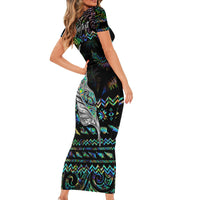 Personalised New Zealand Christmas Short Sleeve Bodycon Dress Maori Fern Manaia Meri Kirihimete with Papaua Shell - Wonder Print Shop