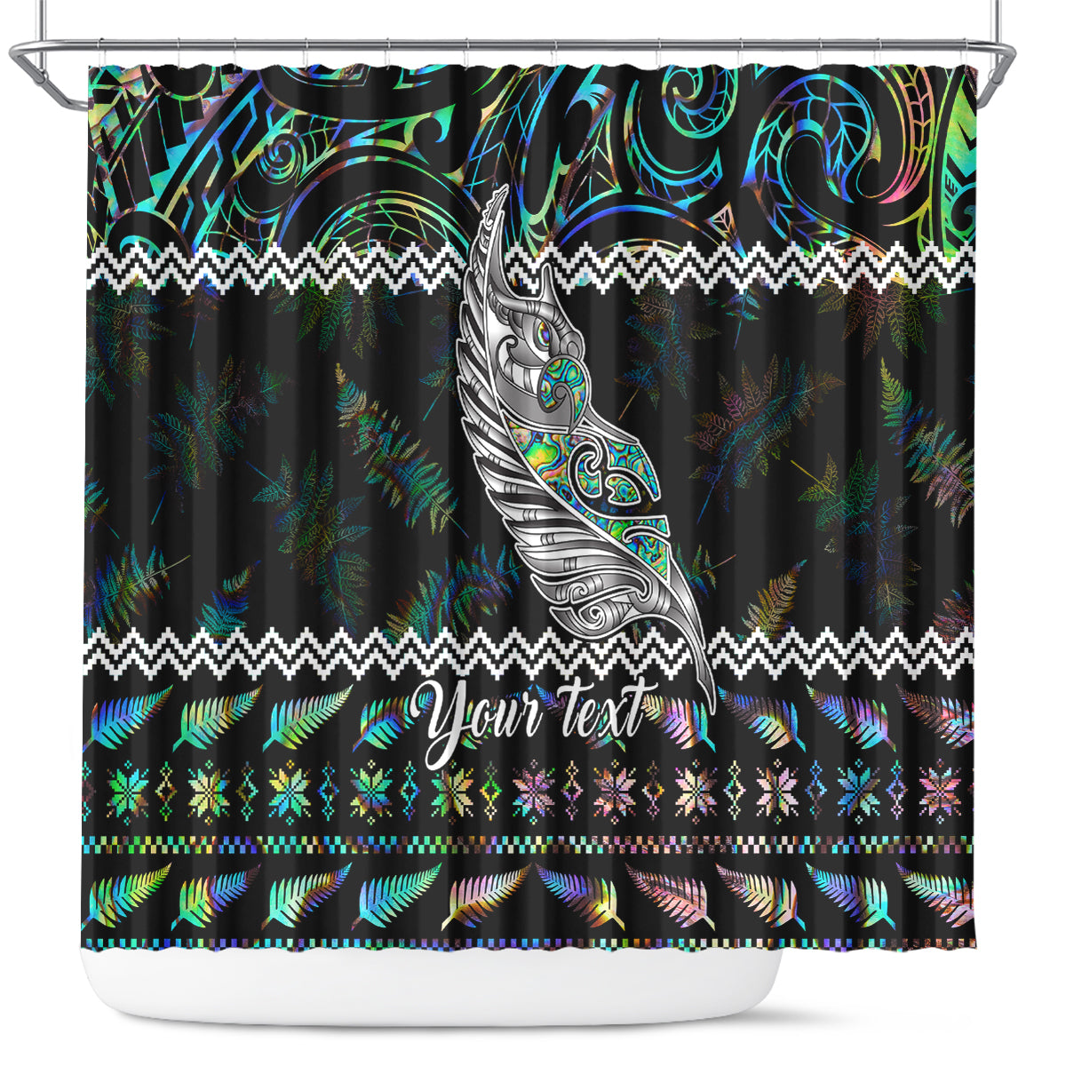 personalised-new-zealand-christmas-shower-curtain-maori-fern-manaia-meri-kirihimete-with-papaua-shell