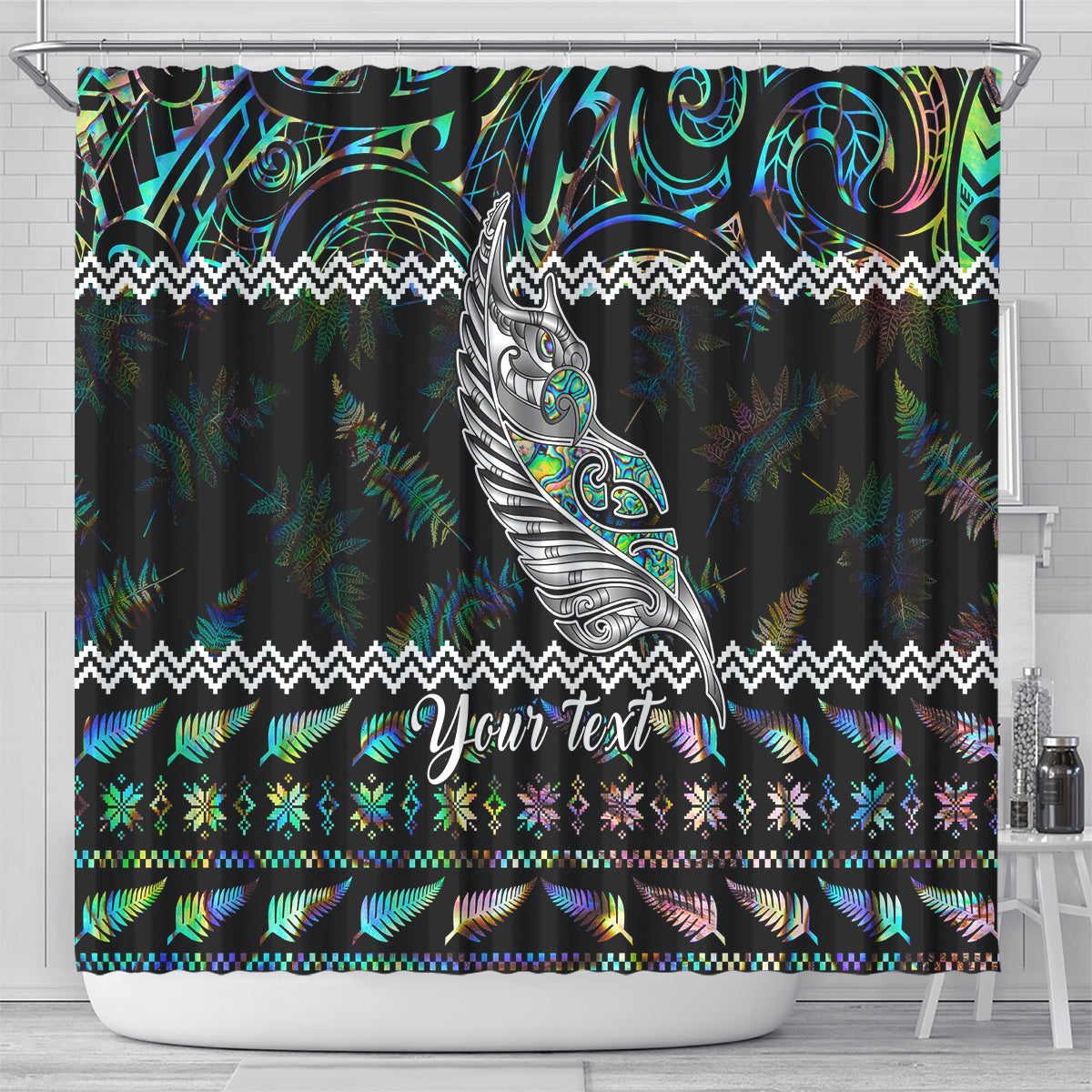 personalised-new-zealand-christmas-shower-curtain-maori-fern-manaia-meri-kirihimete-with-papaua-shell