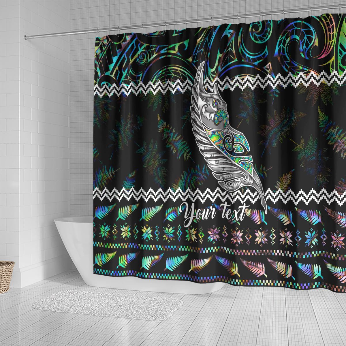 personalised-new-zealand-christmas-shower-curtain-maori-fern-manaia-meri-kirihimete-with-papaua-shell