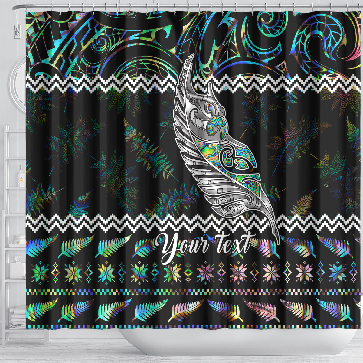 personalised-new-zealand-christmas-shower-curtain-maori-fern-manaia-meri-kirihimete-with-papaua-shell