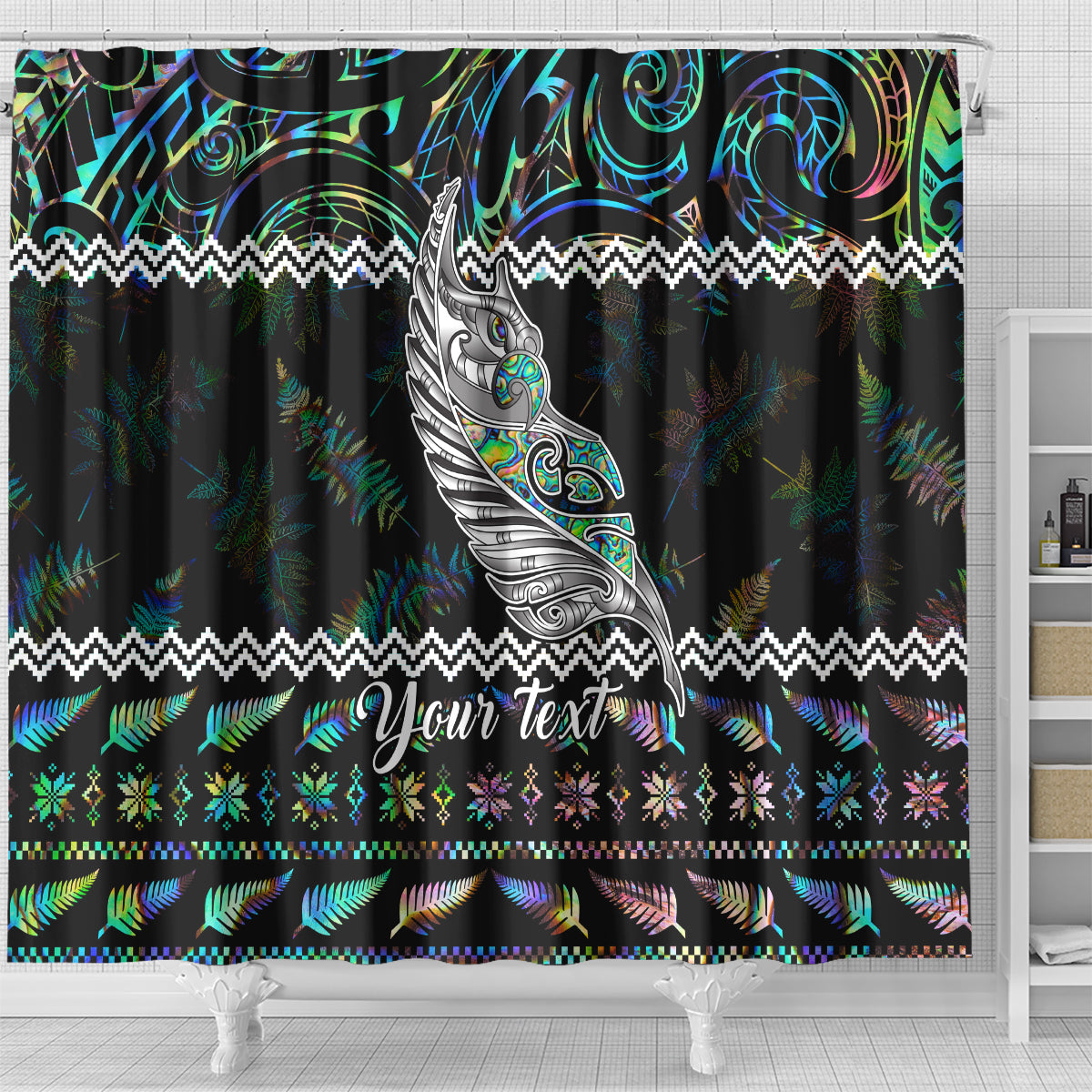 personalised-new-zealand-christmas-shower-curtain-maori-fern-manaia-meri-kirihimete-with-papaua-shell