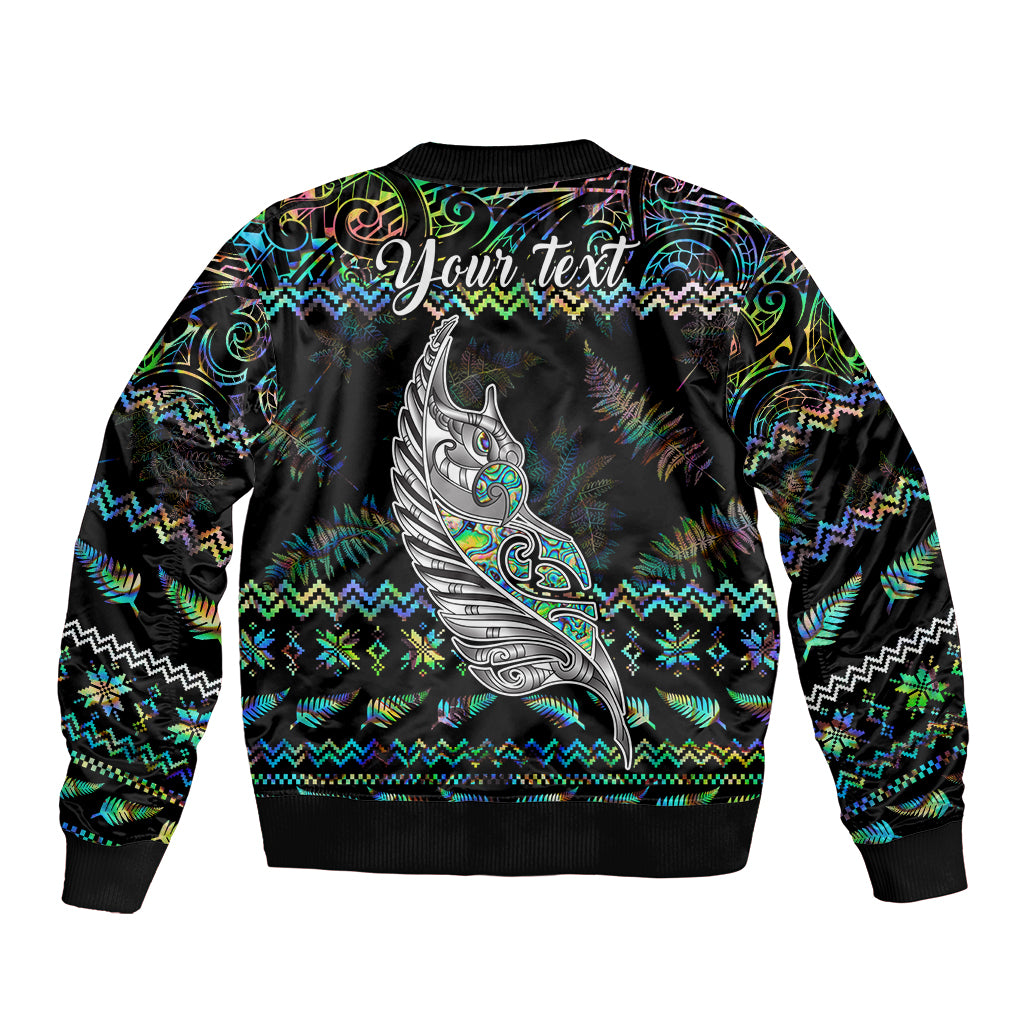 Personalised New Zealand Christmas Sleeve Zip Bomber Jacket Maori Fern Manaia Meri Kirihimete with Papaua Shell - Wonder Print Shop