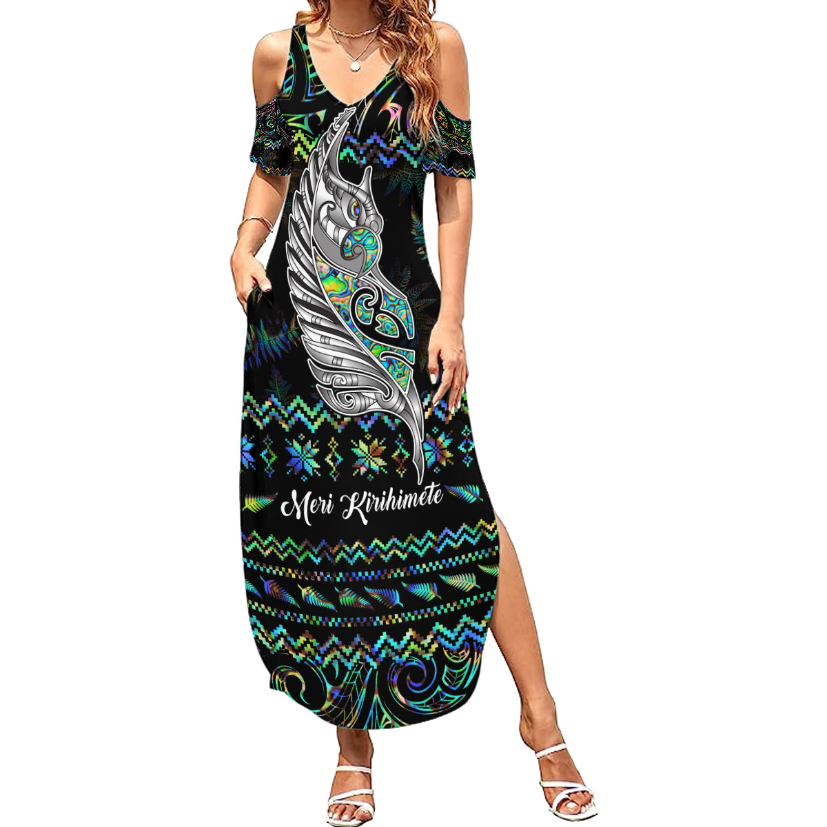 Personalised New Zealand Christmas Summer Maxi Dress Maori Fern Manaia Meri Kirihimete with Papaua Shell - Wonder Print Shop