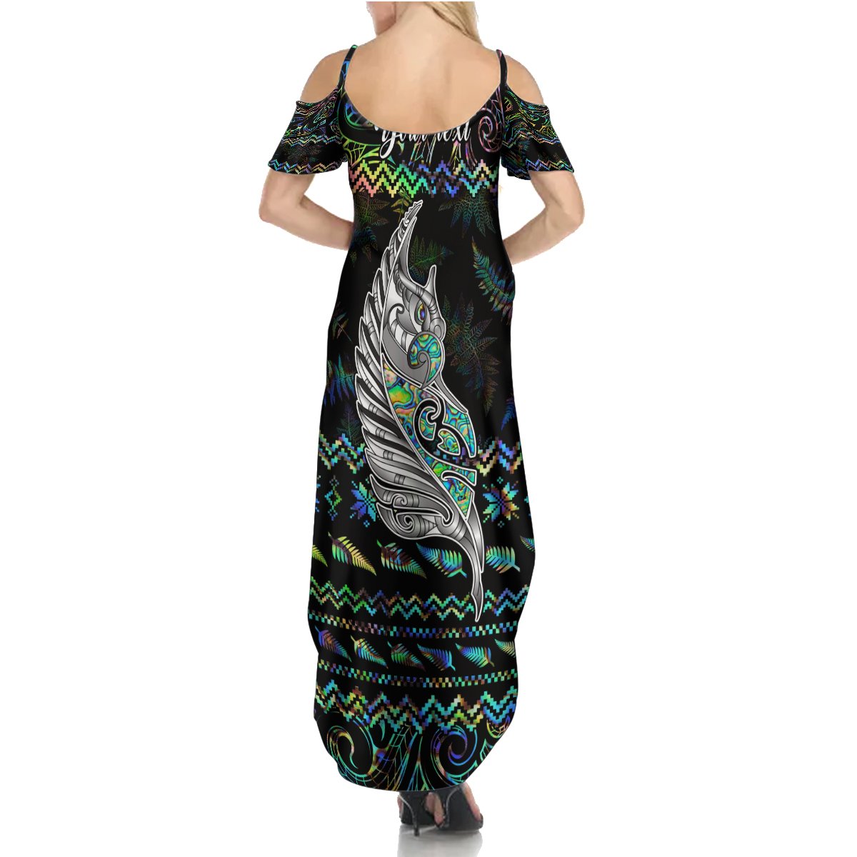 Personalised New Zealand Christmas Summer Maxi Dress Maori Fern Manaia Meri Kirihimete with Papaua Shell - Wonder Print Shop