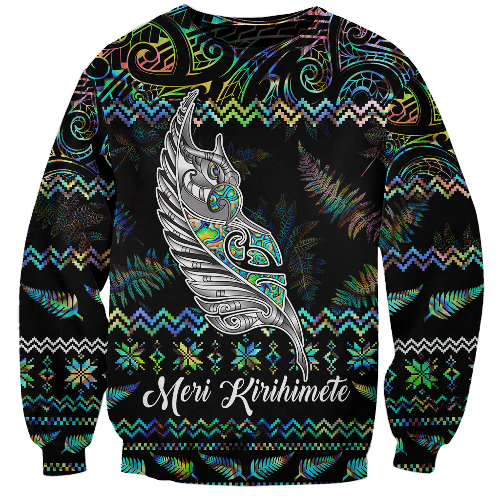 Personalised New Zealand Christmas Sweatshirt Maori Fern Manaia Meri Kirihimete with Papaua Shell - Wonder Print Shop