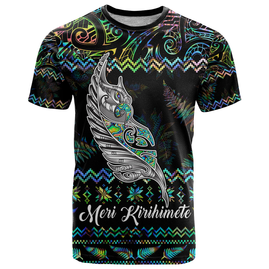 Personalised New Zealand Christmas T Shirt Maori Fern Manaia Meri Kirihimete with Papaua Shell - Wonder Print Shop