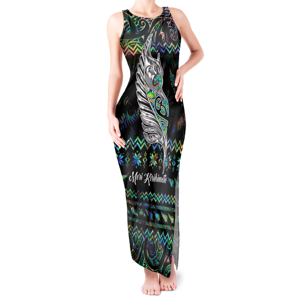 Personalised New Zealand Christmas Tank Maxi Dress Maori Fern Manaia Meri Kirihimete with Papaua Shell - Wonder Print Shop