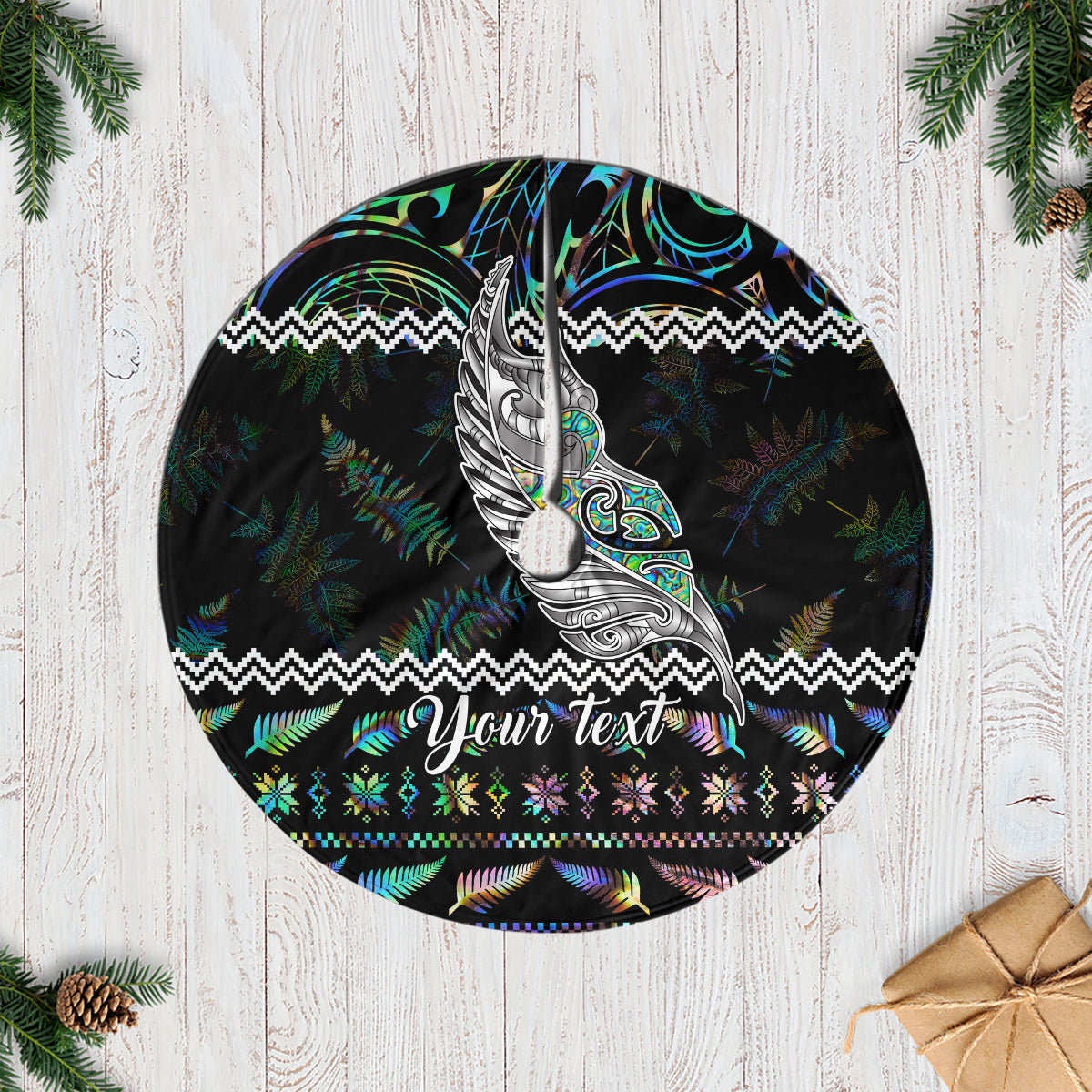 Personalised New Zealand Christmas Tree Skirt Maori Fern Manaia Meri Kirihimete with Papaua Shell - Wonder Print Shop