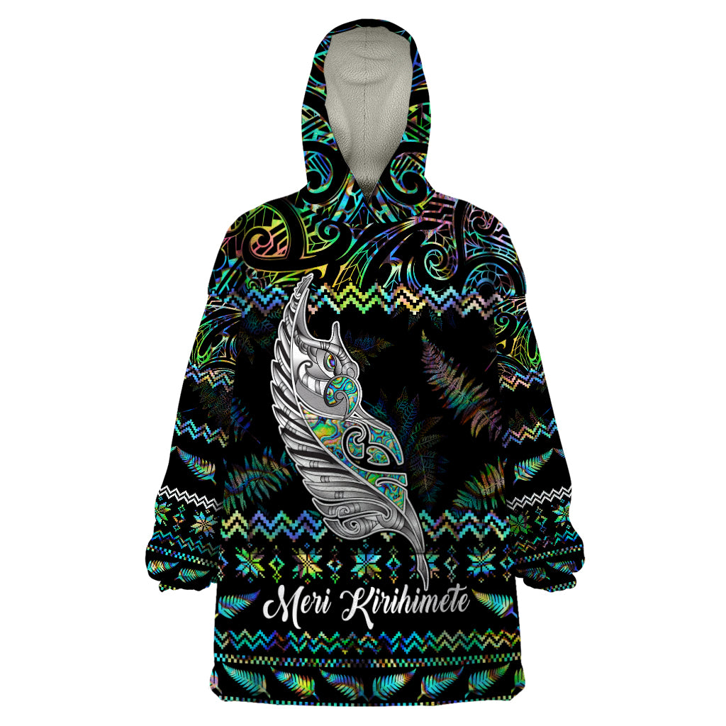Personalised New Zealand Christmas Wearable Blanket Hoodie Maori Fern Manaia Meri Kirihimete with Papaua Shell - Wonder Print Shop