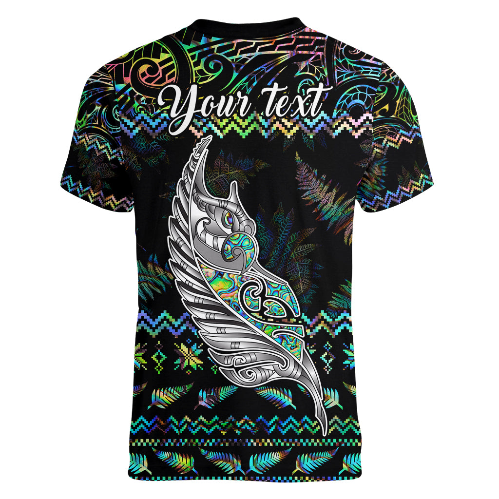 Personalised New Zealand Christmas Women V Neck T Shirt Maori Fern Manaia Meri Kirihimete with Papaua Shell - Wonder Print Shop