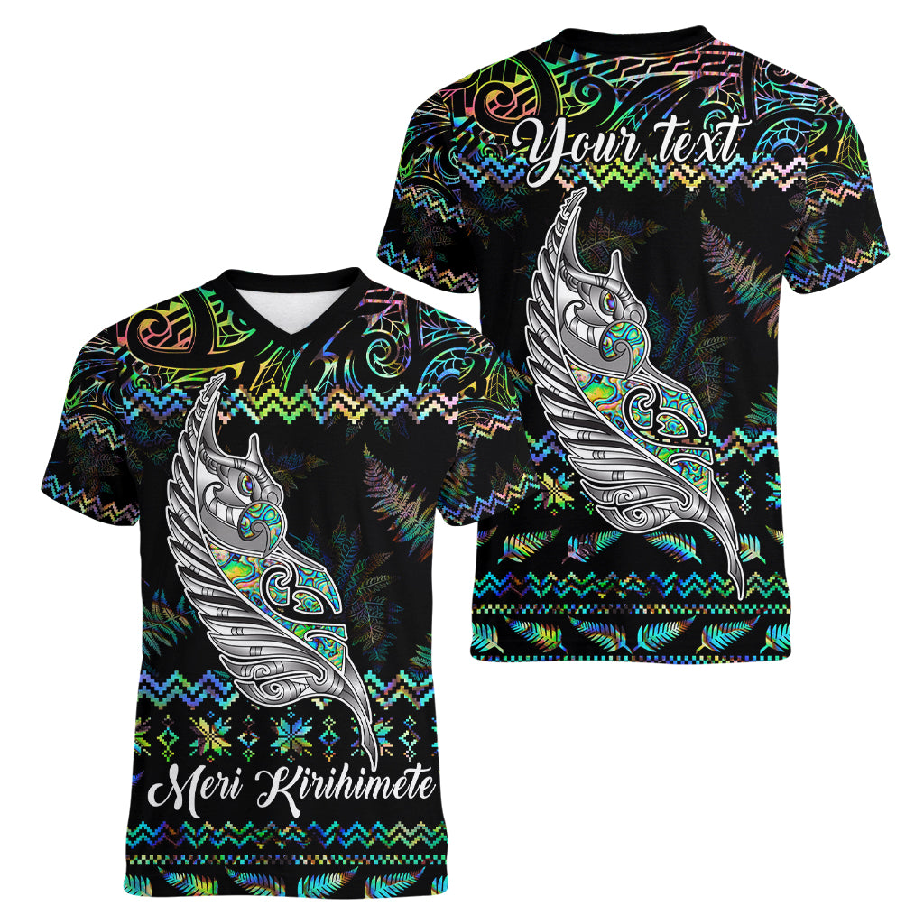 Personalised New Zealand Christmas Women V Neck T Shirt Maori Fern Manaia Meri Kirihimete with Papaua Shell - Wonder Print Shop