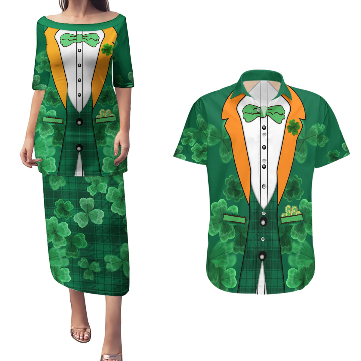 Happy St Patricks Day We Wear Green Suit Couples Matching Puletasi Dress and Hawaiian Shirt LT9 - Wonder Print Shop