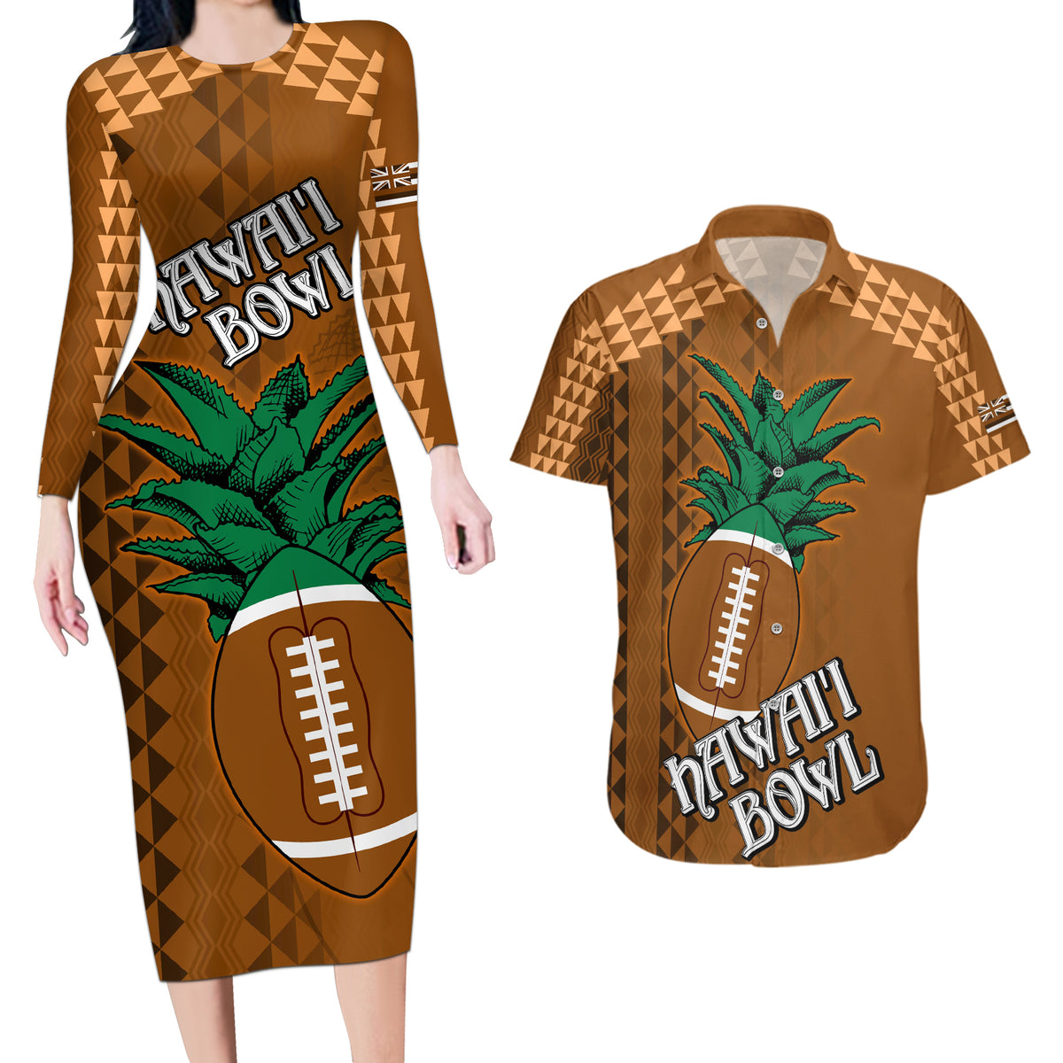 Custom Hawaii Honolulu Bowl Couples Matching Long Sleeve Bodycon Dress and Hawaiian Shirt With Kakau Tribal Pattern LT9 - Wonder Print Shop