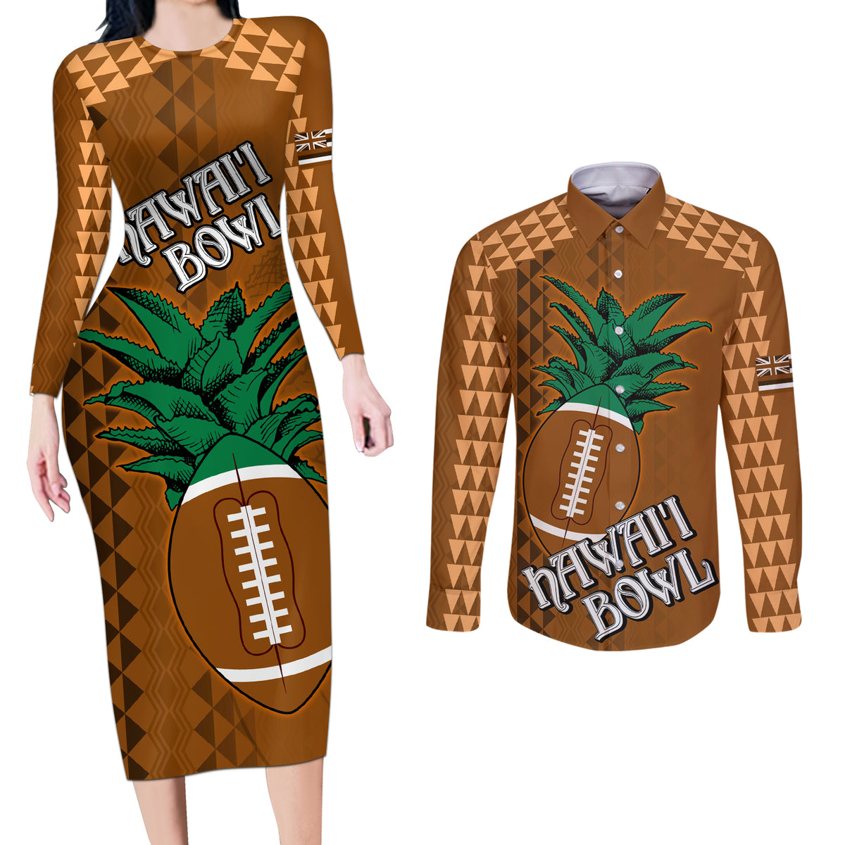 Custom Hawaii Honolulu Bowl Couples Matching Long Sleeve Bodycon Dress and Long Sleeve Button Shirt With Kakau Tribal Pattern LT9 - Wonder Print Shop