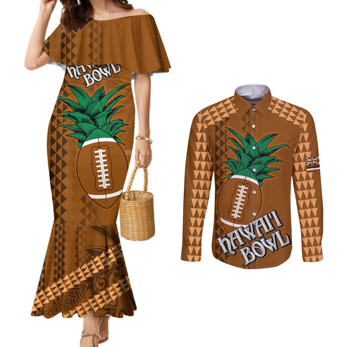 custom-hawaii-honolulu-bowl-couples-matching-mermaid-dress-and-long-sleeve-button-shirt-with-kakau-tribal-pattern