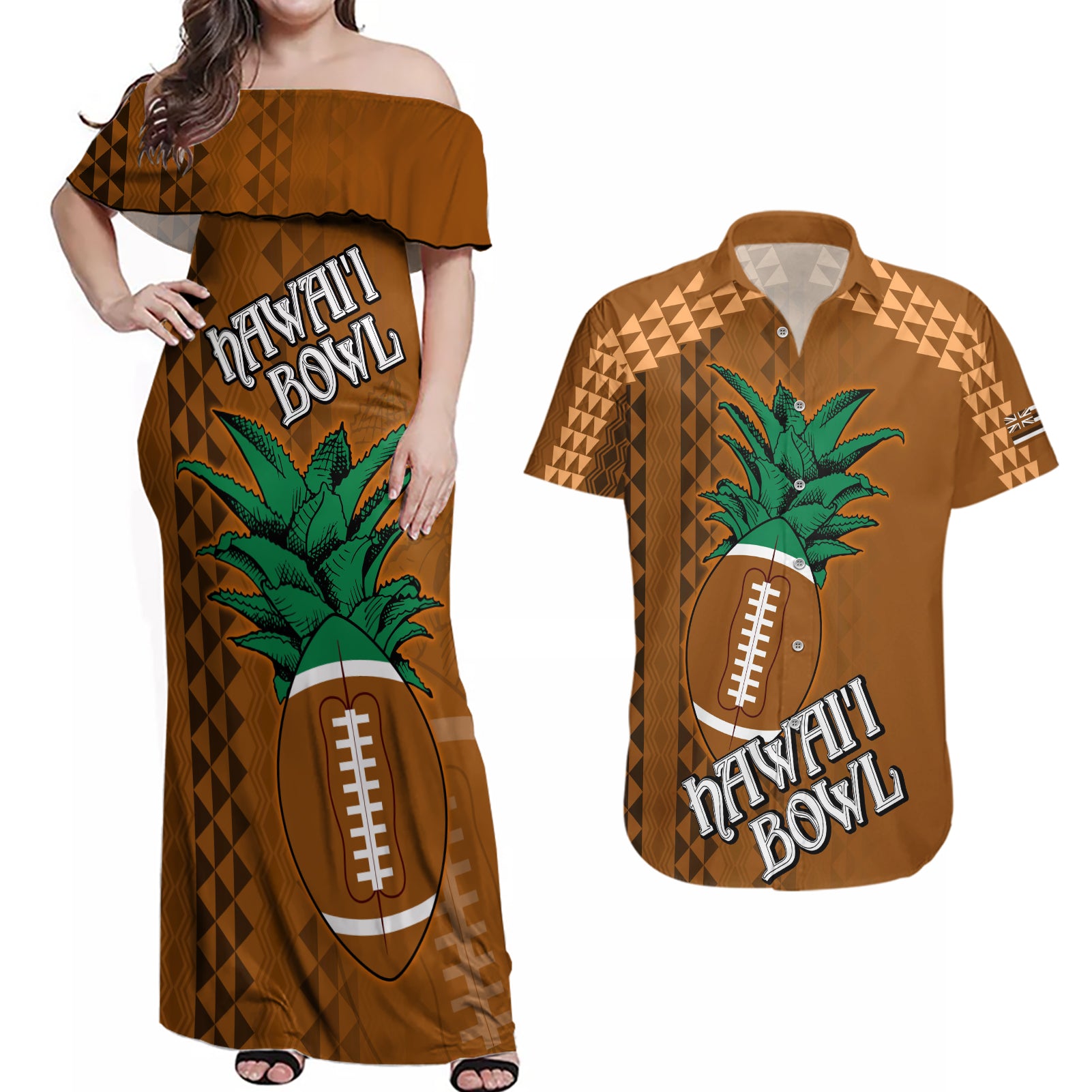Custom Hawaii Honolulu Bowl Couples Matching Off Shoulder Maxi Dress and Hawaiian Shirt With Kakau Tribal Pattern LT9 - Wonder Print Shop