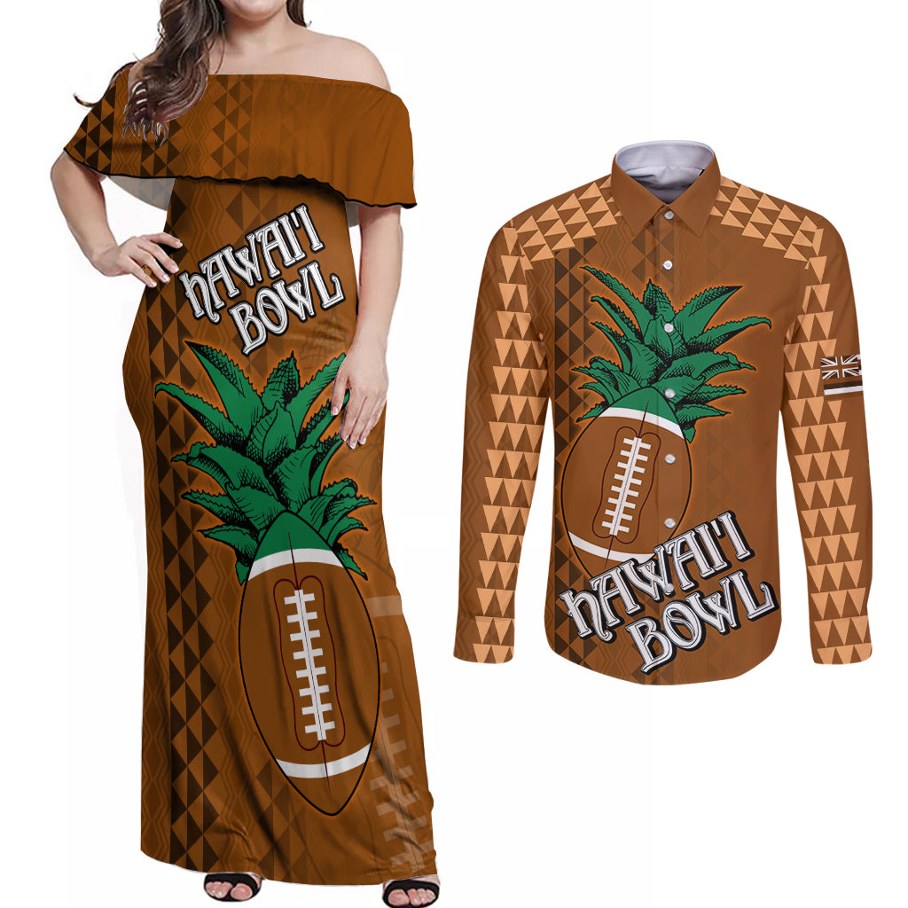 Custom Hawaii Honolulu Bowl Couples Matching Off Shoulder Maxi Dress and Long Sleeve Button Shirt With Kakau Tribal Pattern LT9 - Wonder Print Shop