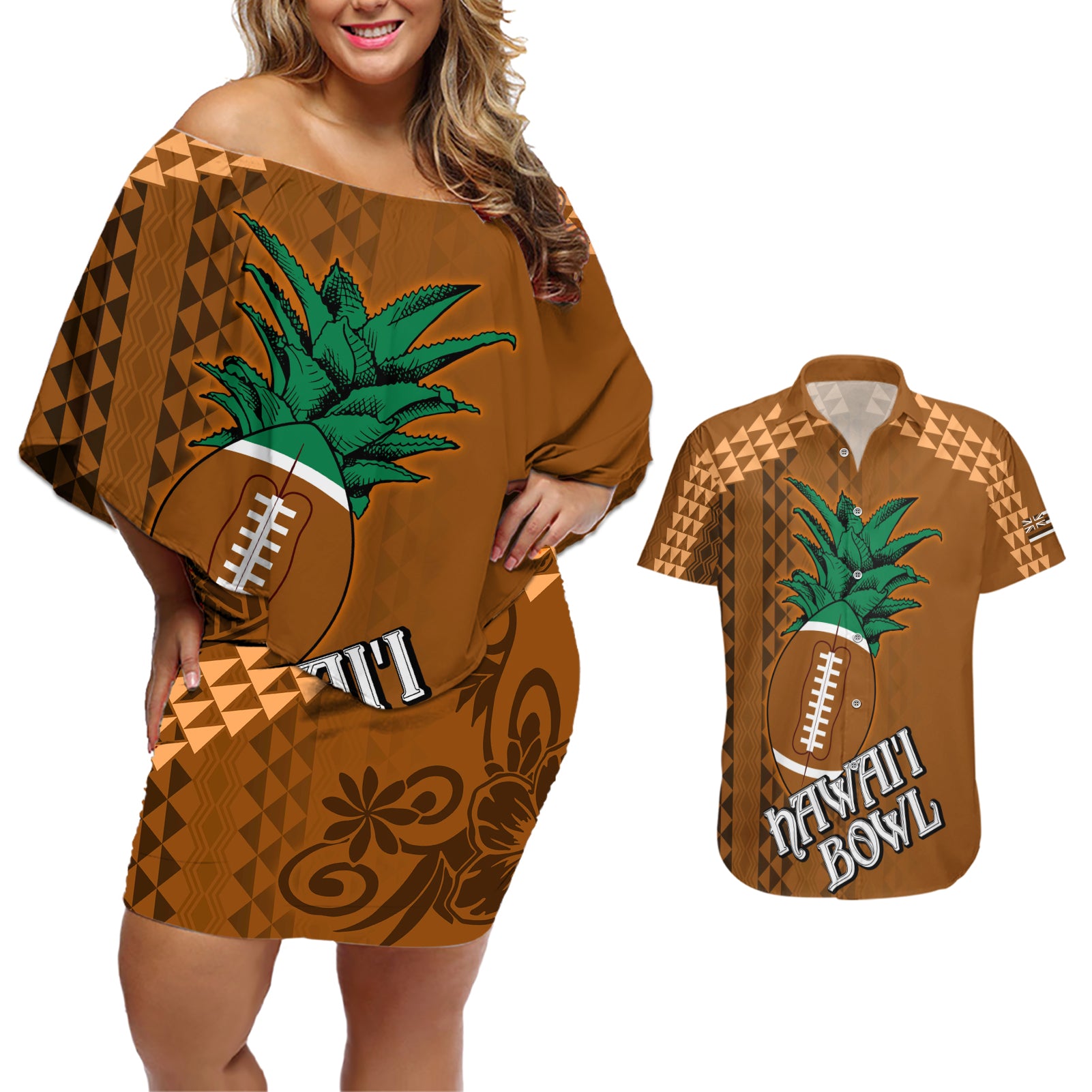 Custom Hawaii Honolulu Bowl Couples Matching Off Shoulder Short Dress and Hawaiian Shirt With Kakau Tribal Pattern LT9 - Wonder Print Shop