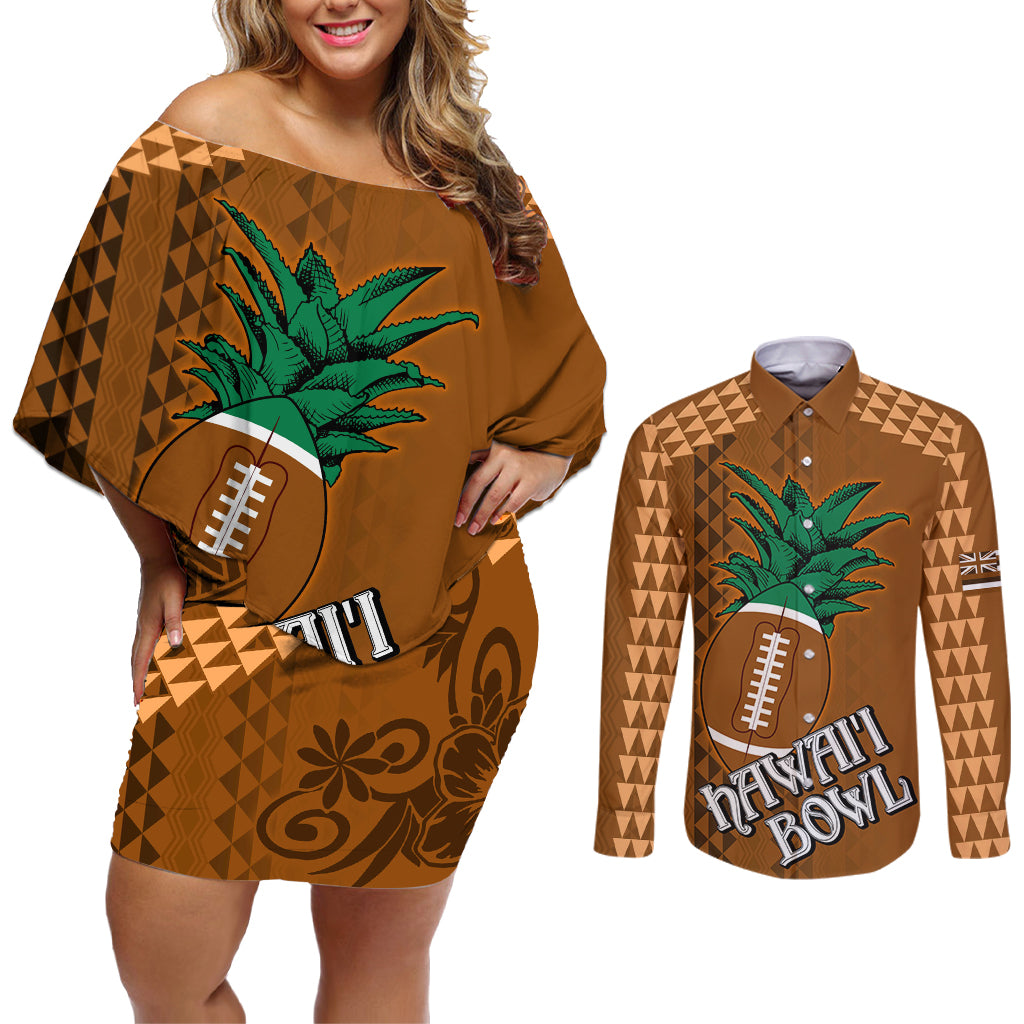 Custom Hawaii Honolulu Bowl Couples Matching Off Shoulder Short Dress and Long Sleeve Button Shirt With Kakau Tribal Pattern LT9 - Wonder Print Shop