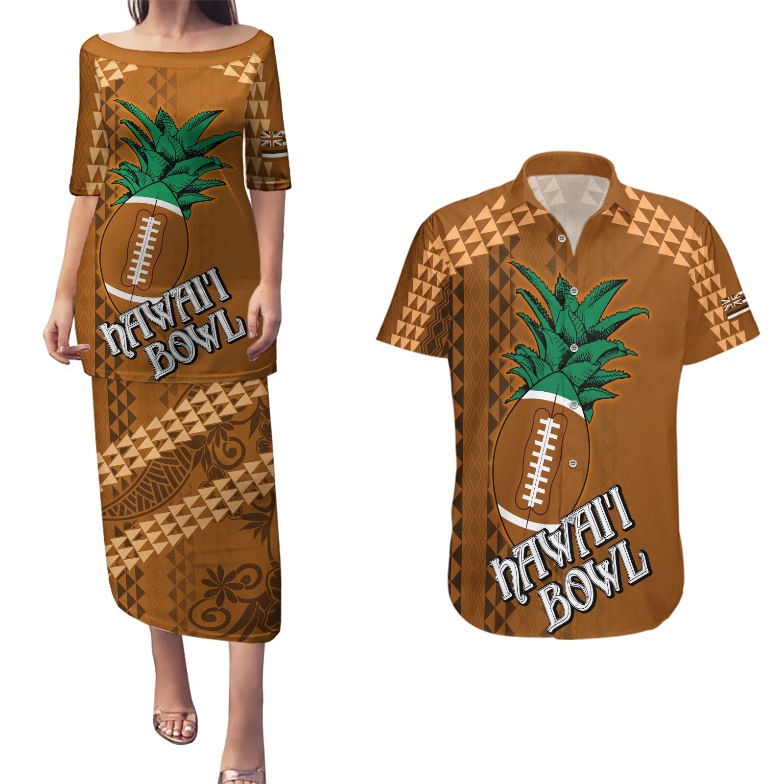 Custom Hawaii Honolulu Bowl Couples Matching Puletasi Dress and Hawaiian Shirt With Kakau Tribal Pattern LT9 - Wonder Print Shop