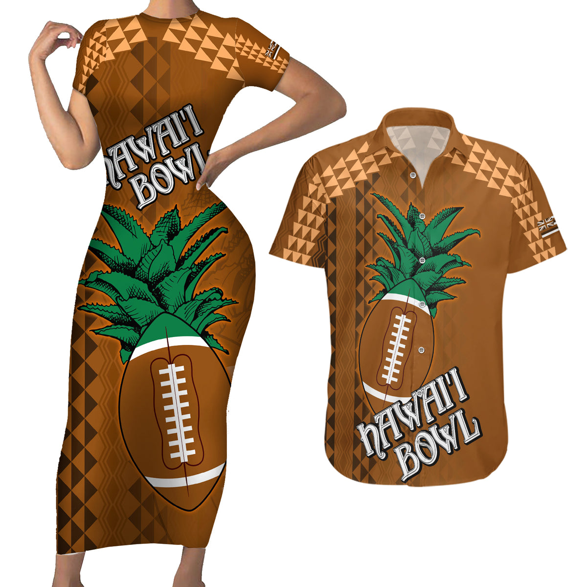 Custom Hawaii Honolulu Bowl Couples Matching Short Sleeve Bodycon Dress and Hawaiian Shirt With Kakau Tribal Pattern LT9 - Wonder Print Shop