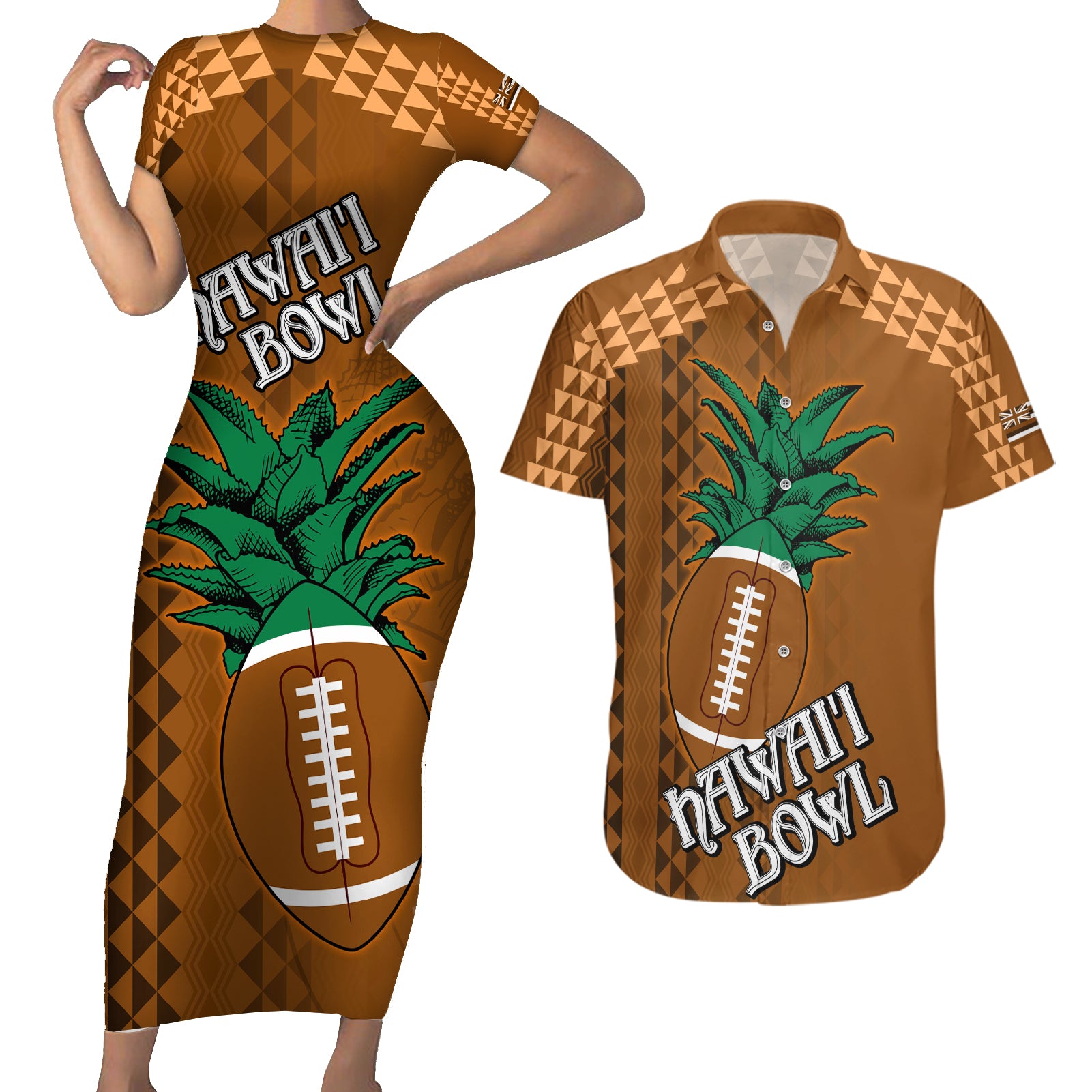 Custom Hawaii Honolulu Bowl Couples Matching Short Sleeve Bodycon Dress and Hawaiian Shirt With Kakau Tribal Pattern LT9 - Wonder Print Shop