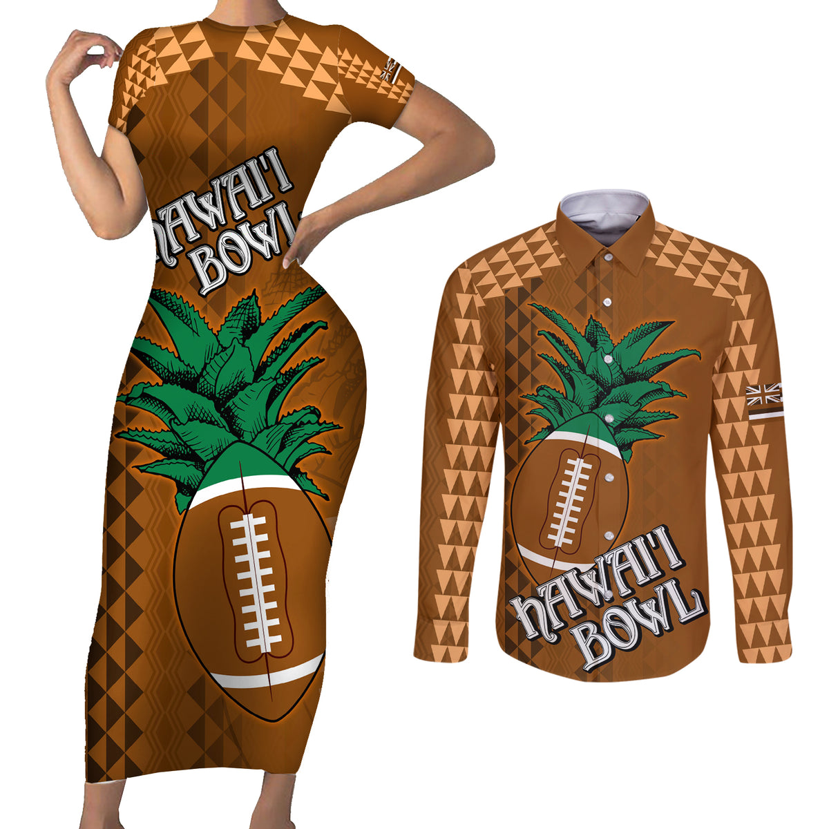 Custom Hawaii Honolulu Bowl Couples Matching Short Sleeve Bodycon Dress and Long Sleeve Button Shirt With Kakau Tribal Pattern LT9 - Wonder Print Shop